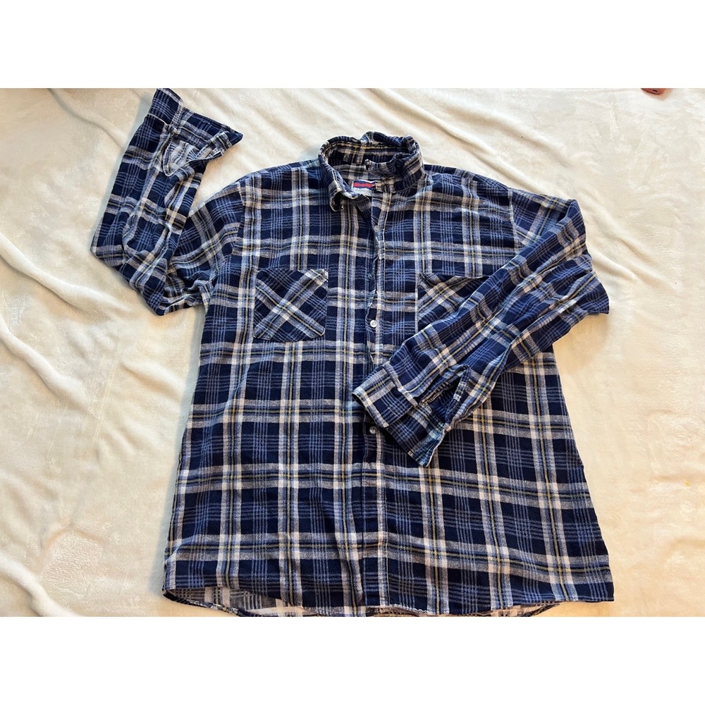 Vtg American Edition Men's Flannel Cotton Blue Plaid Shirt USA Made Size‎ Large